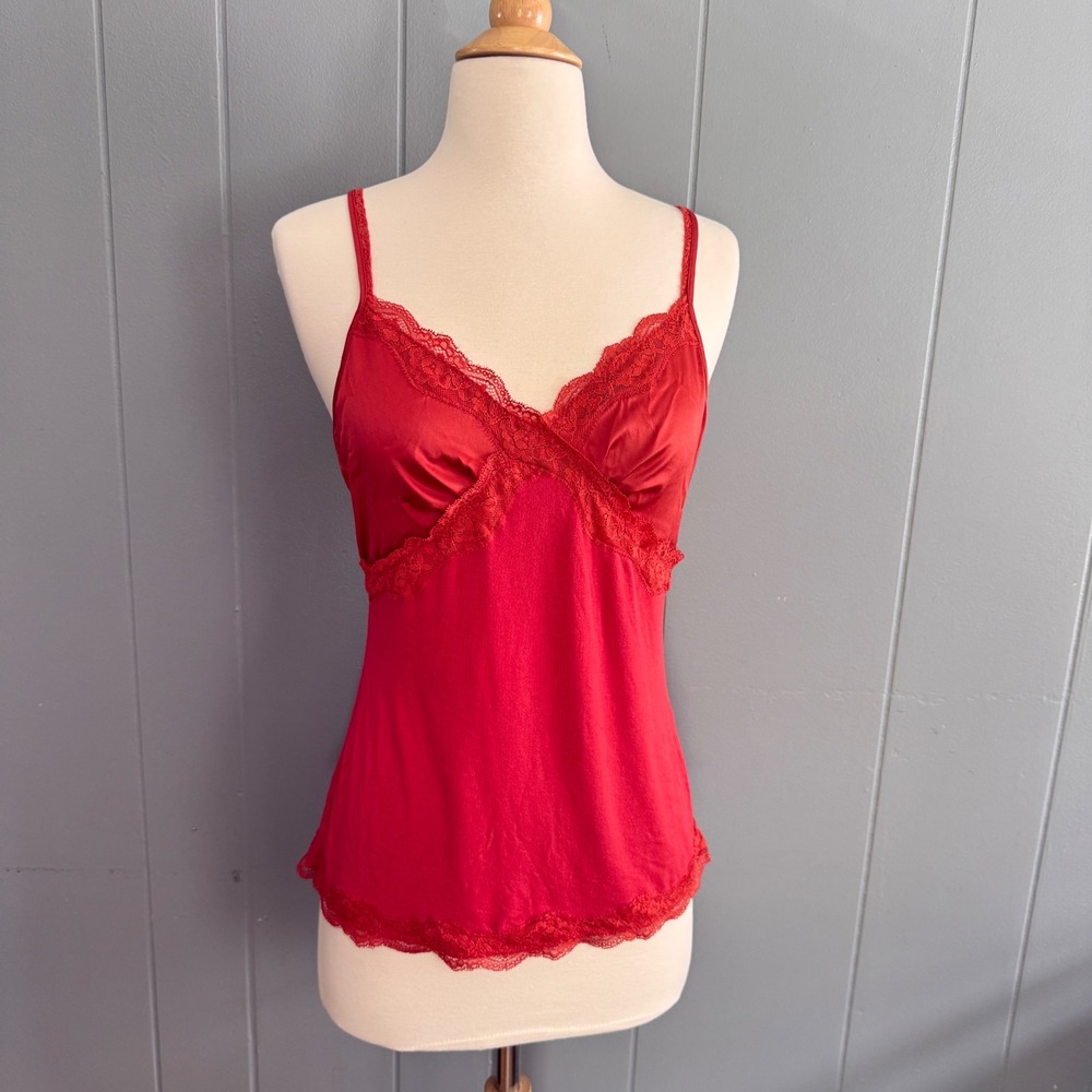 Limited Red Orange Lace Trim Cami Tank M Satin Cotton V-Neck Y2K Going Out Top